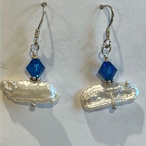 Sterling Silver Biwa pearl and Capri Blue swarovski earrings.